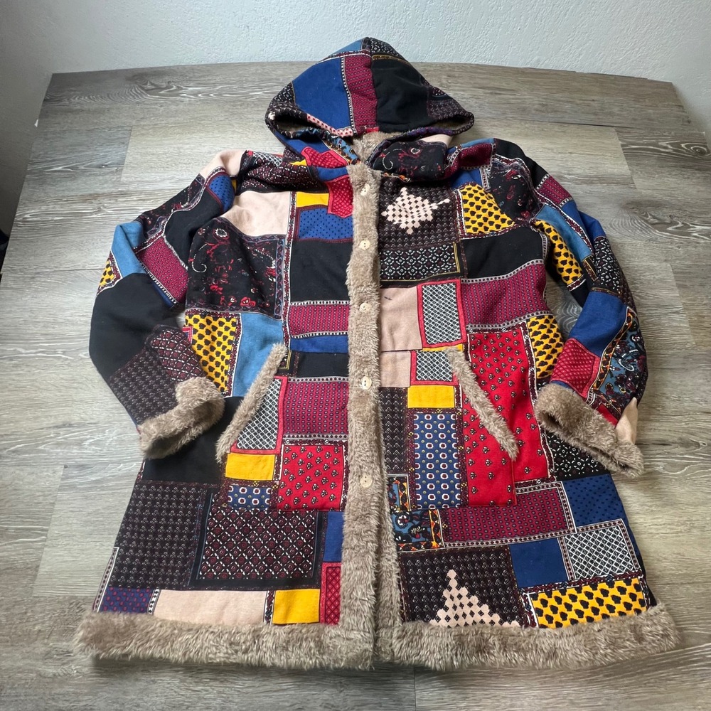 Patchwork Hooded Coat Women L Multi Color Faux Fur Trim Boho Jacket